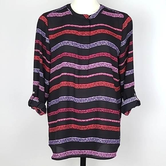 ⭐️3/ $3⭐️ APT. 9 Black Pink Purple Stripes Roll-Up Sleeves Zip Crew Collar Sz M - Picture 2 of 15